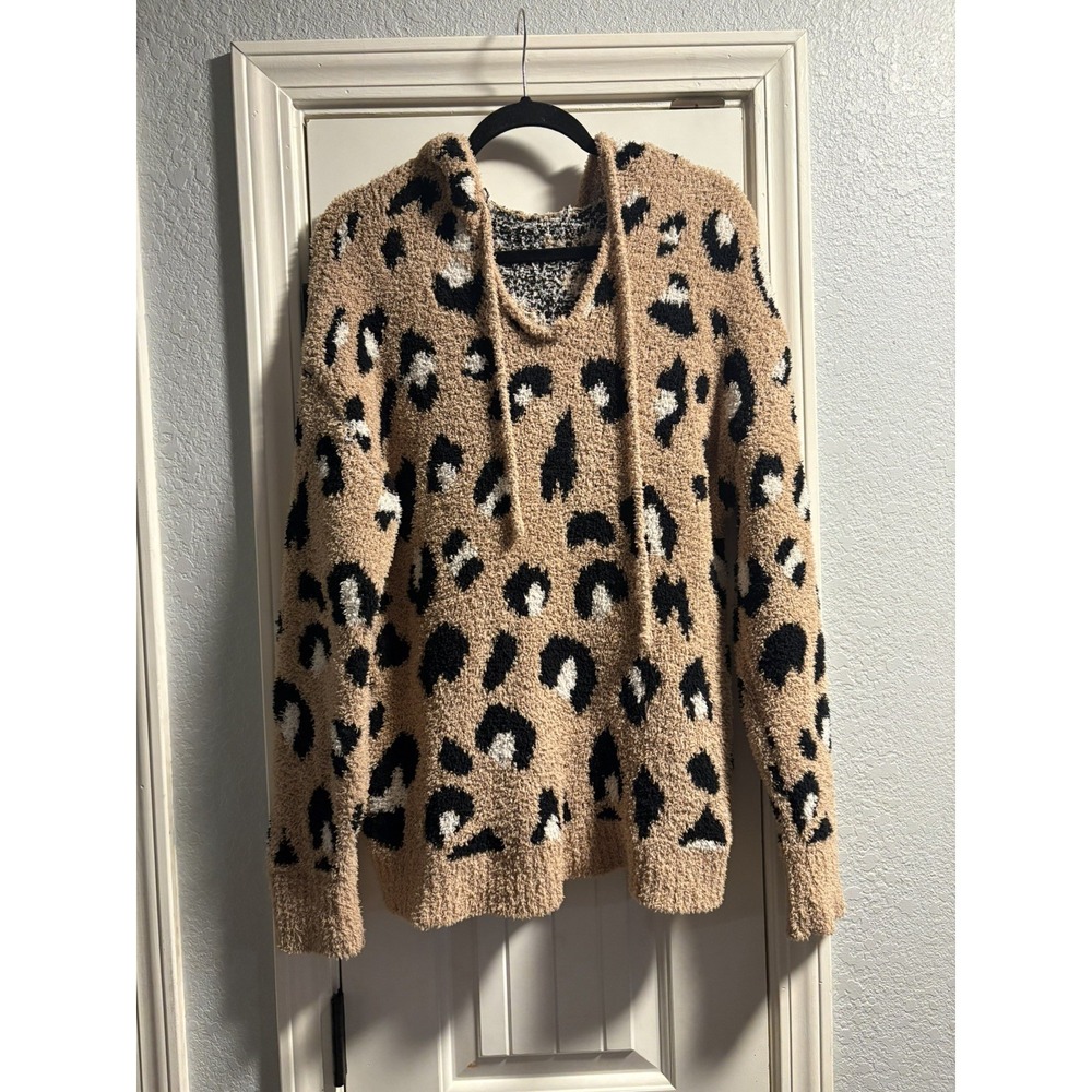 New In Leopard Print Hoodie Women Large Tan Fuzzy Popcorn Knit Sweater